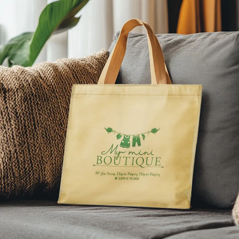 A light yellow or beige reusable shopping bag with brown handles is propped up on a gray sofa, leaning against a textured brown throw pillow. The bag features a green logo with the text "My mini BOUTIQUE" and a graphic of baby clothes hanging on a clothesline.